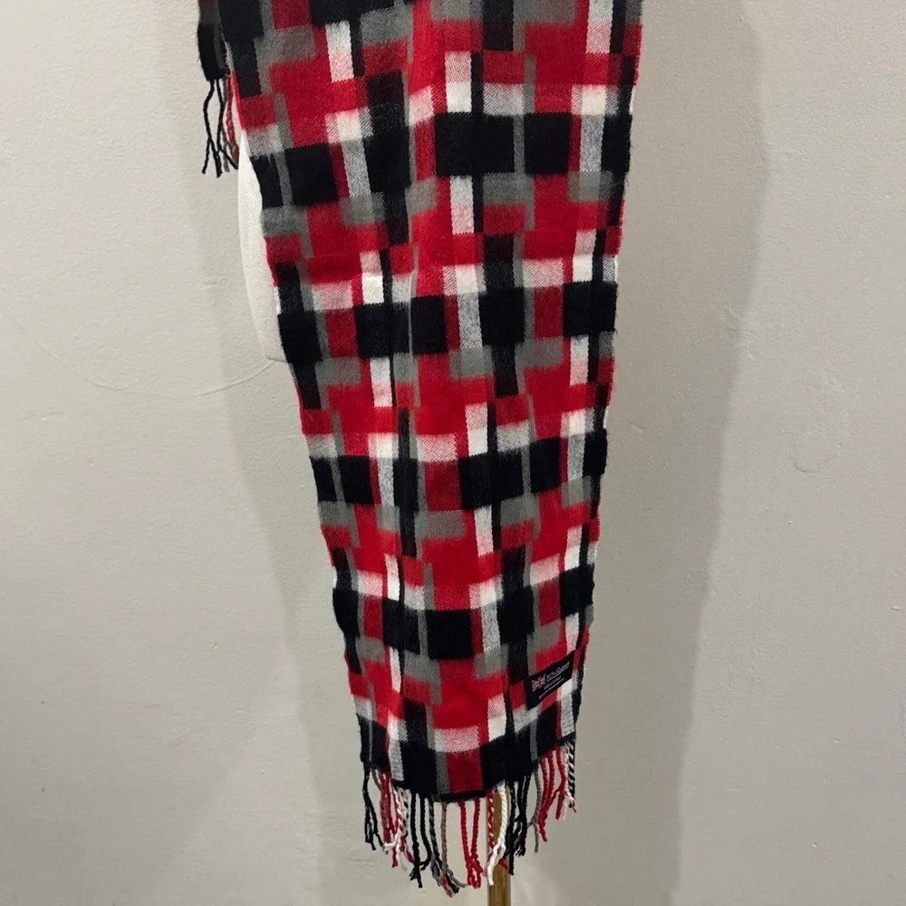 100% Cashmere Scarf – Made in Scotland, Red & Black Geometric Check (68” x 12”)